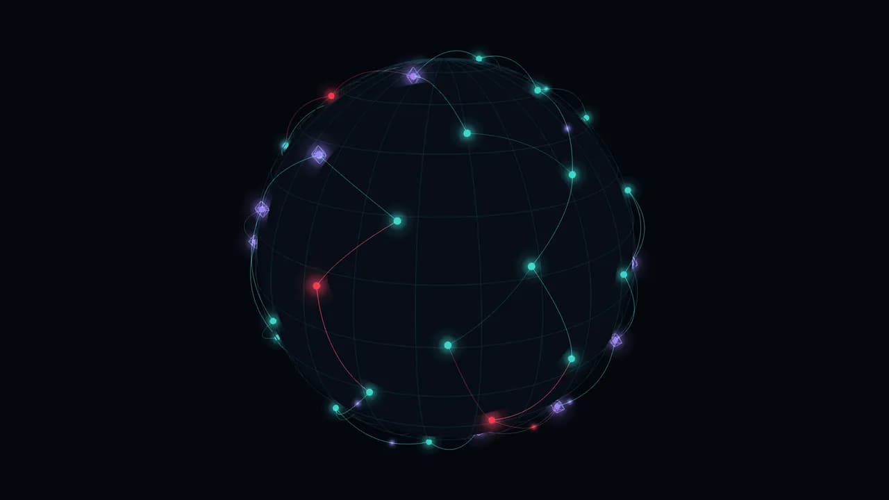 A globe of connected devices and machine agents, a few of them hostile