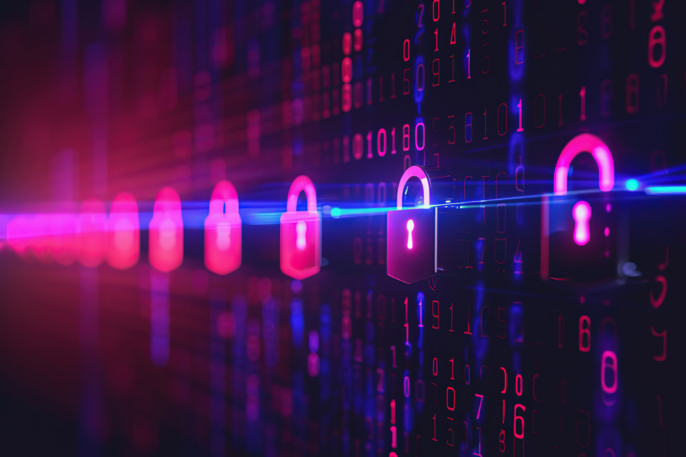 pink neon padlocks on a data visualization wall