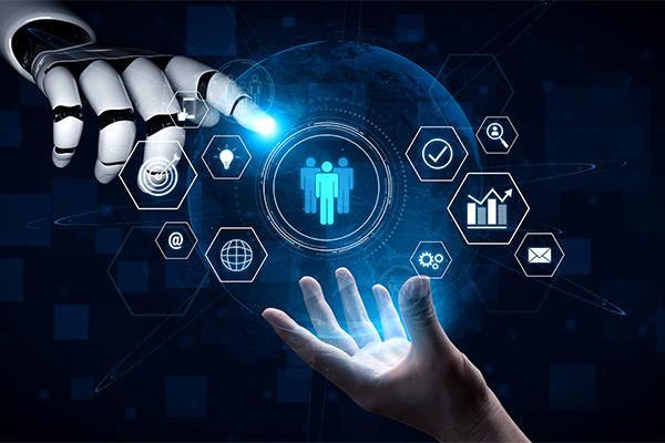 a robotic and a human hand meet in a plasma cloud