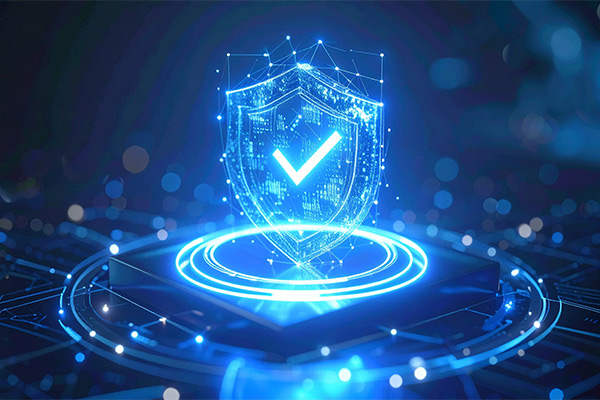 hologram of a shield floating over concentric rings