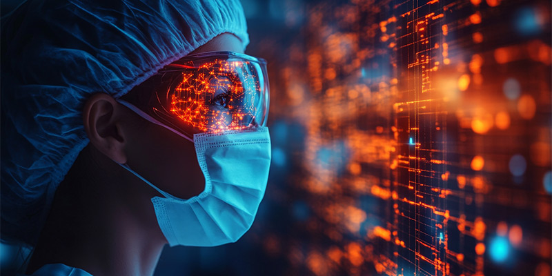 technician in a surgical mask looks at a data visualization